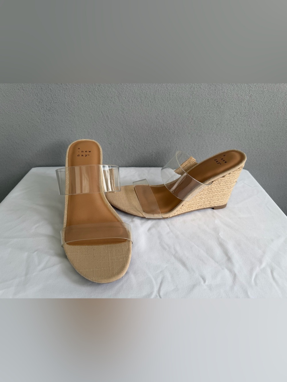 A New Day Espadrille Slide Sandals Women’s s6.5 Beige/Clear Slip On Clear Strap